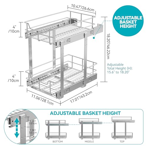 2 Tier Pull Out Cabinet Organizer 11" W X 17" D, Chromed, Full Slide Out - color: 2 Tier - Chrome-Plated, size: 11" W X 17" D