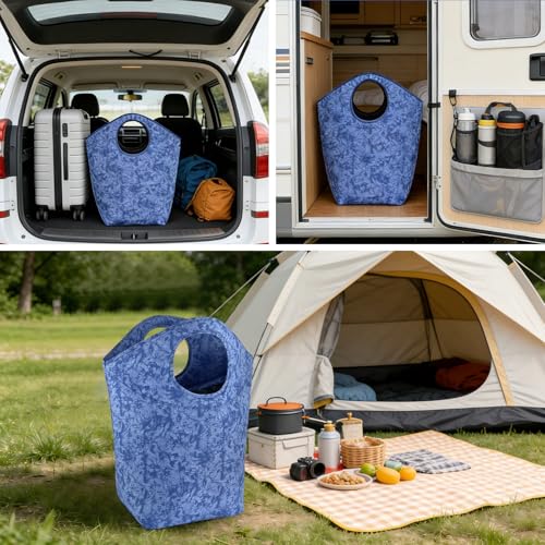 47L Small Laundry Basket, Collapsible Waterproof Fabric Laundry Hamper - color: Earth Texture Blue, size: 17"L x 9.5"W x 18"H