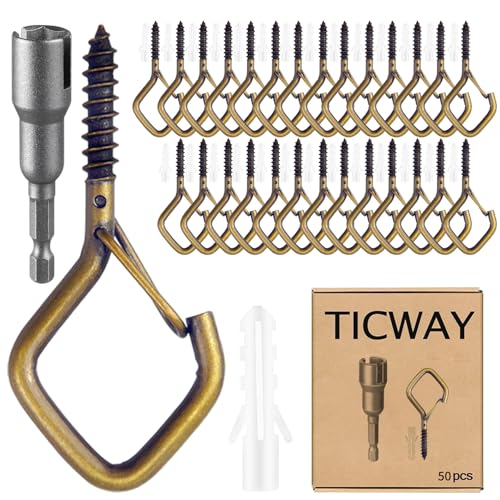 50 Pcs Outdoor Hooks for String Lights,Screw Hooks for Hanging Plants,Ceiling Hooks with Safety Buckle,Square Hanger for Wind Chimes,Bird Feeder,Lanterns,Christmas Decorations (Bronze) - color: Bronze, size: 50