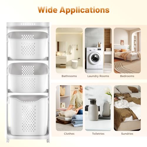 Clothes Hamper 3 Tier Rolling with Top Shelf, PP Plastic Laundry Sorter with Wheels, 3 Section Basket Organizer with Lockable Wheels, Tall Storage Basket for Bedroom Bathroom