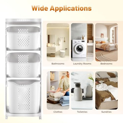 Clothes Hamper 3 Tier Rolling with Top Shelf, PP Plastic Laundry Sorter with Wheels, 3 Section Basket Organizer with Lockable Wheels, Tall Storage Basket for Bedroom Bathroom