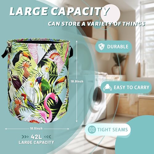 Tropical Birds Laundry Basket Foldable Oxford Cloth Hamper 18.9" x1 6.5" - color: Colorful Tropical Birds Palm Leaves