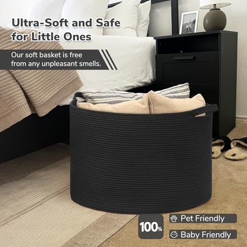 INDRESSME 115L Extra Large Woven Rope Blanket Basket Living Room, Black - color: Black, size: 23.6"D x 15.7"H