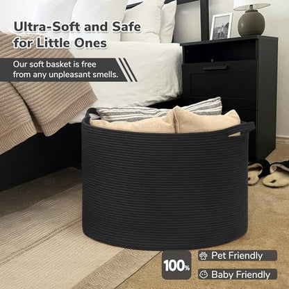 INDRESSME 115L Extra Large Woven Rope Blanket Basket Living Room, Black - color: Black, size: 23.6"D x 15.7"H