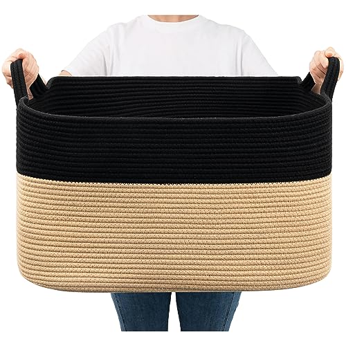 Goodpick Large Woven Blanket Basket, Rectangle, Black & Camel - color: Black Camel, size: Large(21.6"L x 14.9"W x 11.8"H)