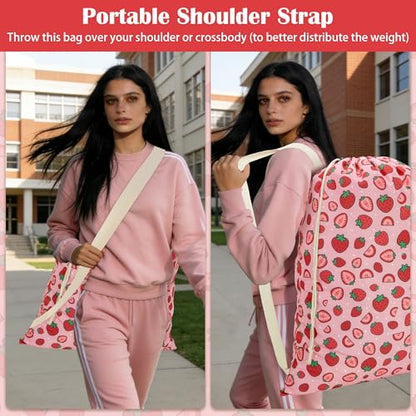 Canvas Laundry Bag with Shoulder Strap Drawstring, Strawberry, 23"W x 29"H - color: Strawberry