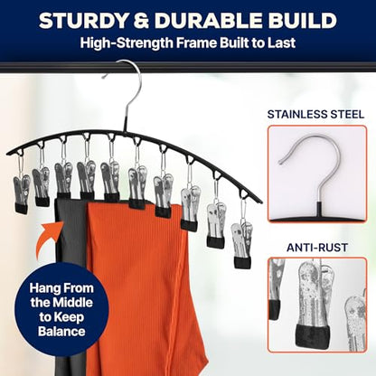 2-Pack Legging Hangers, Space-Saving Closet Organizer with 20 Stainless Steel Clips Total, Holds 20 Leggings, Yoga Pants, Skirts and Scarf | Anti-Slip Multi Clip Hangers