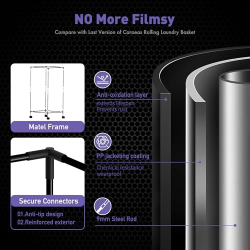 Caroeas Next-Gen 105L Matel Frame Laundry Basket with wheels, Heavy Duty Tall Rolling Laundry Hamper with Removable Wash Bag, Collapsible Freestanding Clothes Hamper (100L,Black,1Pack) - color: Black