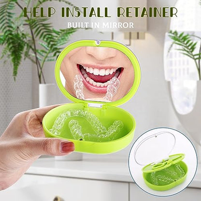 New Double-layer Aligner Case with Belt Chewing,Removal Tool,Cleaning Brush,Built in Mirror Orthodontic Case - color: green