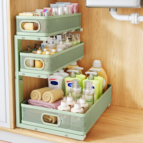 Under Sink Organizer, 3-Tier Thickened Metal Pull out Cabinet Organizer Shelf, Height Adjustable Slide out Storage Drawer Rack for Kitchen Bathroom Pantry Laundry Home Organization, 1-Pack, Green - color: Green, size: 1-Pack