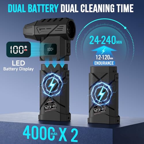 MTOX Electric Air Duster, 150,000 RPM Compressed Air Duster, Fast Charging, Dual 4000mAh Batteries, 2-in-1 Blower & Vacuum Portable, for Keyboards PC Computer Case, House, Outdoor & Cars (Black)