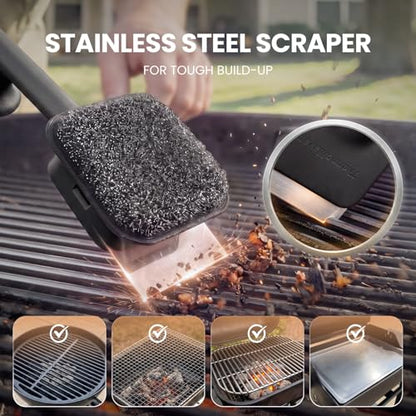ThermoMaven BBQ Grill Brush Bristle Free - 17" Safe Steam Grill Cleaner Brush with Scraper and 5 Brush Heads for Porcelain/Gas/Charcoal Grill Outdoor Grill Barbecue Cleaner - size: Black 5pcs-Medium
