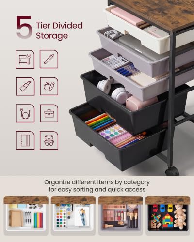 VASAGLE Rolling Cart with Drawers,5 Drawers Storage Cart, Black - color: Black, size: 5 Drawer