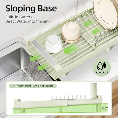 TOOLF Small Dish Drying Rack, Expandable and Space-Saving, Grayish Green - color: Soft Celery Green