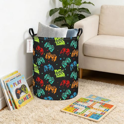 QUEENLALA Foldable Waterproof Round Fabric Laundry Basket Home, Black Game - color: Round-Black Game