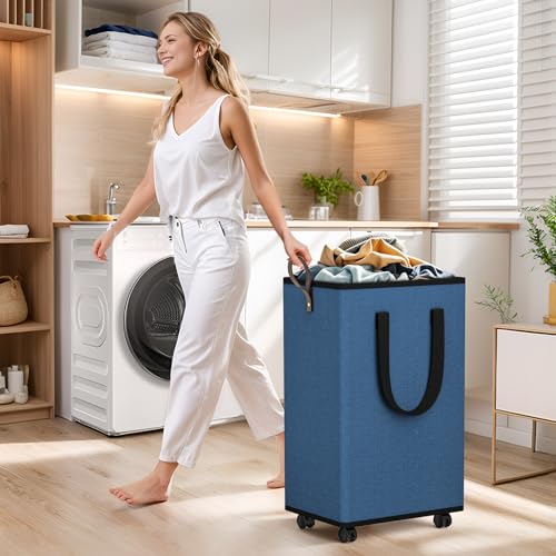 SpaceTrove Rolling Laundry Basket with Wheels, Laundry Hamper, 80L, Navy - color: Navy, size: 80L