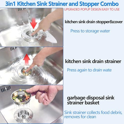 Upgraded 3-in-1 Pop-Up Kitchen Sink Drain Strainer Stopper - color: Silver, size: 1 Pack