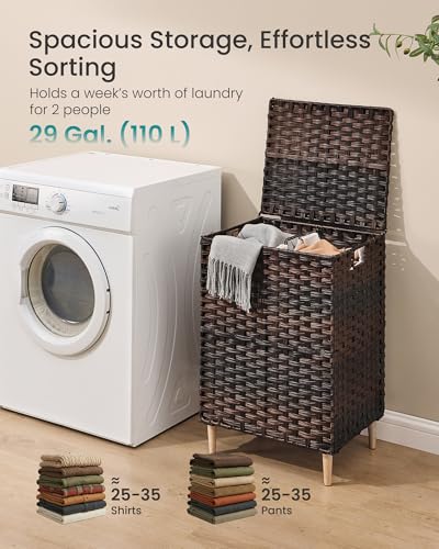 SONGMICS 2-Section Laundry Hamper with Lid, PE Rattan, 29 Gallons (110 L) - color: Chestnut Brown, size: 110 L (2 Basket)