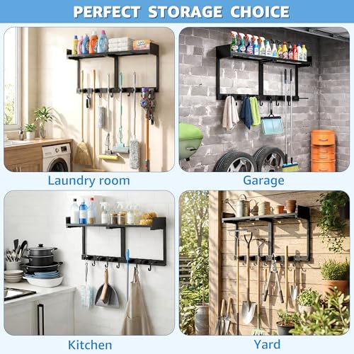 27" Mop and Broom Holder Wall Mount with Top Storage Shelf & Hooks,Black - color: Black, size: Large