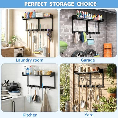27" Mop and Broom Holder Wall Mount with Top Storage Shelf & Hooks,Black - color: Black, size: Large