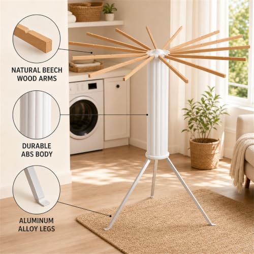 Clothes Drying Rack Foldable, Portable Laundry Drying Rack for Clothes with 16 Wooden Rods & 48 Windproof Slots, Collapsible Tripod Dry Rack for Apartment, RV, Balcony - style: Wood RODS & Aluminum Legs