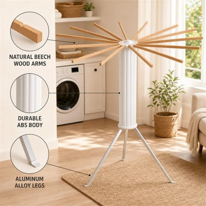 Clothes Drying Rack Foldable, Portable Laundry Drying Rack for Clothes with 16 Wooden Rods & 48 Windproof Slots, Collapsible Tripod Dry Rack for Apartment, RV, Balcony - style: Wood RODS & Aluminum Legs