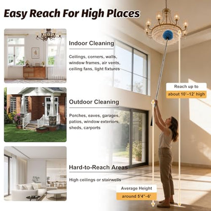 Cobweb Duster Brush with Extension Pole,Lightweight 5ft Long Spider Web Cobwebs Ceiling Fan Dust Cleaning Brush Kit with Washable Head for Furniture, Eaves, VentRoof House Cleaning up to 12.5ft
