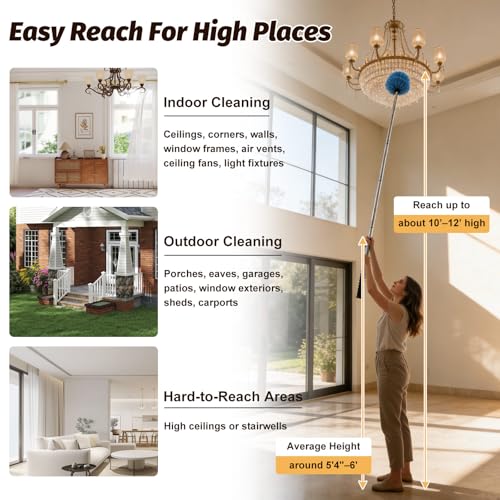 Cobweb Duster Brush with Extension Pole,Lightweight 5ft Long Spider Web Cobwebs Ceiling Fan Dust Cleaning Brush Kit with Washable Head for Furniture, Eaves, VentRoof House Cleaning up to 12.5ft