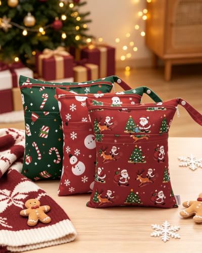 ALVA 3 Pack Wet Dry Bags for Cloth Diapers, Swimsuits & Gym Clothes, Waterproof Reusable Baby Diaper Bag with 2-Zippered Compartments, Hanging Strap, Machine Washable, Medium for Dayca - color: Christmas Coloe 52