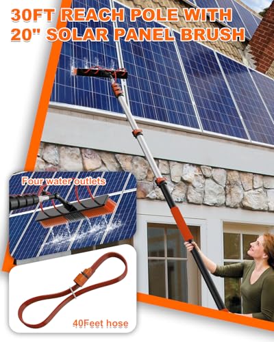 30Ft Reach Solar Panel Cleaning Brush Kit with 5-24ft Telescoping Pole, Water Fed Window Cleaner Tool with 20" Brush, Soap Dispenser, Cobweb Duster, Squeegee for Roof, RV, Gutter, Boat, Deck - color: Orange