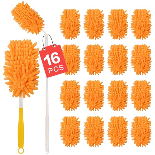 16Pcs Reusable Duster Refill Compatible with Swiffer Hand Duster +3FT Extended Handle +1 Handle, 360 Heavy Duty Duster Refills for Cleaning, Office, Ceiling Fan - size: 16PCS+2Handle