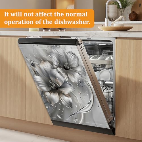 Silver Floral Dishwasher Front Panel Cover, 23 x 26 Inch Magnetic Door Sticker, Reusable Easy Clean Appliance Decor for Fridge Door - color: Silver Floral