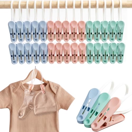 MtBoi Windproof Clothes Pins with Hanging Ropes, Heavy Duty Plastic Laundry Clips for Clothesline Drying, Multi-Purpose Closet Organizer for Baby Socks, Boots, Crafts (30, Mixed) - color: Mixed