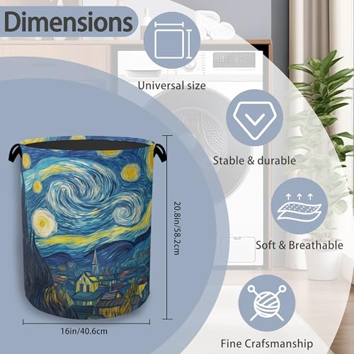 Starry Night Moon Laundry Basket,Village Oxford Cloth Laundry Hamper with Handle Foldable Portable Clothes Storage Basket for Bathroom Bedroom Dorm Room 16" x 20.8" - color: Starry Night Moon Village