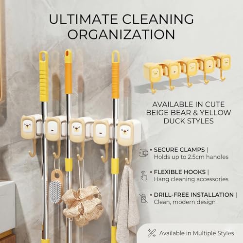 12.8 Inch Broom Holder Wall Mount - Self Adhesive Mop And Broom Organizer Wall Hanging, Cute Cleaning Tool Rack with 4 Grippers 5 Hooks - Brown/Yellow (Yellow) - color: Yellow