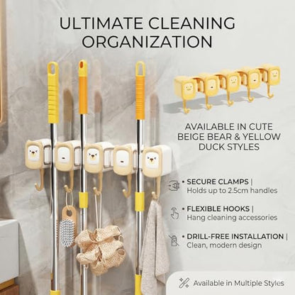 12.8 Inch Broom Holder Wall Mount - Self Adhesive Mop And Broom Organizer Wall Hanging, Cute Cleaning Tool Rack with 4 Grippers 5 Hooks - Brown/Yellow (Yellow) - color: Yellow