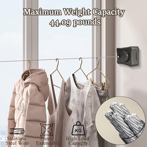 Retractable Clothesline Outdoor Indoor, 16.7FT Heavy Duty Clothes Drying Line, Anti-Sag Wall Mount Stainless Steel Laundry Line with Lock & Tighten Device, for Balcony Bathroom (Black)