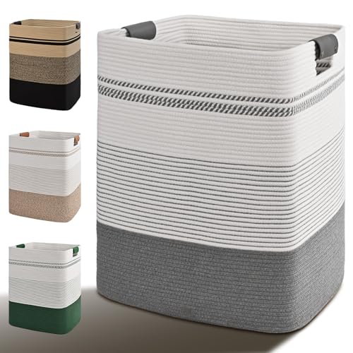 Laundry Hamper, 105L Tall Laundry Basket with Leather Handles, Rectangle Large Clothes Hamper for Organizing, Cotton Woven Laundry Baskets Storage Hampers for Bedroom, Nursery, Living Room - color: Grey, size: 105L