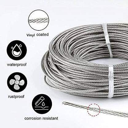 Roxanned 1/16" Wire Rope Kit, 165ft 304 Stainless Steel Cable 7x7 Strand Core, Vinyl Coated Aircraft Cable with Turnbuckle | Easy Install for Outdoor String Lights Hanging, Garden, Craft & Support - size: 165 feet
