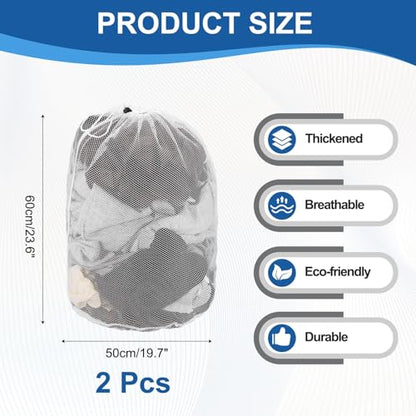 uxcell 2Pcs Mesh Laundry Bag, 23.6x19.7" Large Drawstring Net Laundry Bag Coarse Mesh for Washing Machine for College, Dorm, Travel, Family and Apartment Residents, White - size: L