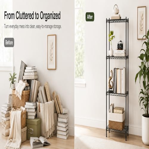 4 Tier Storage Shelves, Metal Wire Shelving Unit, Heavy Duty Adjustable Shelf Rack for Pantry, Kitchen, Garage and Laundry Room, Black - size: M-4