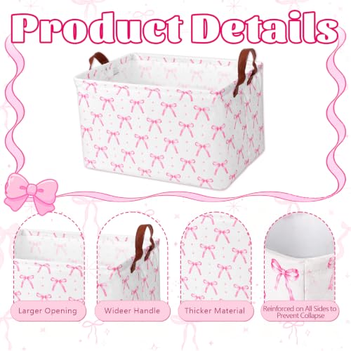 3 Pcs Pink Bow Storage Baskets for Gifts Empty Large, Coquette Room Decor, Toys Books Laundry Basket for Girls, Collapsible Canvas Fabric Pink Storage Bins With Handle for Bedroom Bathroom Nursery