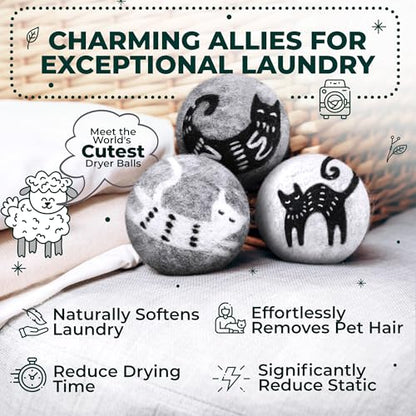 Chemical Free & Baby Safe! Reusable Wool Dryer Balls XL 6-Pack - Reduces Static, Cuts Dry Time, & Softens Naturally - color: Kitty & Friends