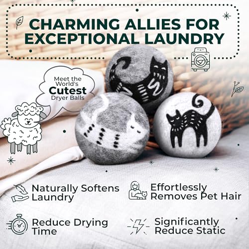Chemical Free & Baby Safe! Reusable Wool Dryer Balls XL 6-Pack - Reduces Static, Cuts Dry Time, & Softens Naturally - color: Kitty & Friends