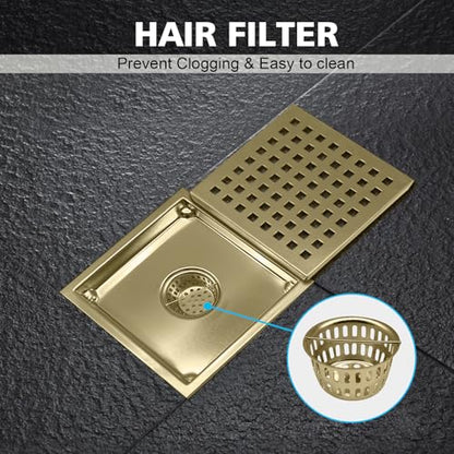 4 Inch Square Shower Drain with Flange, Removeable Grate SUS 304 Stainless Steel Shower Drain with Hair Catcher (Brushed Gold, 4 Inch) - color: Brushed Gold, size: 4 Inch