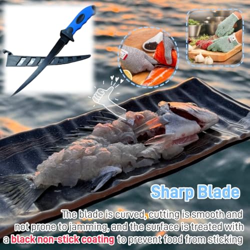 Fishing Knife Set, Fish Cleaning Kit, Filet Knife for Fish, Fish Scale Cleaning Brush, Multi-Functional Scissors, Gloves, Fishbone Tweezers, Storage Bag,Fishing Accessories,Fishing Tool Kit - size: 7PCS-Blue