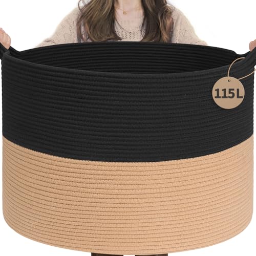 INDRESSME 115L Extra Large Woven Rope Blanket Basket Living Room BlackCamel - color: Black & Camel, size: 23.6"D x 15.7"H