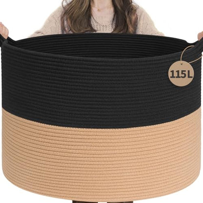 INDRESSME 115L Extra Large Woven Rope Blanket Basket Living Room BlackCamel - color: Black & Camel, size: 23.6"D x 15.7"H