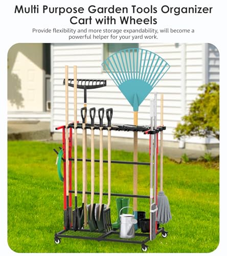 CCCEI Garage Organization with Wheels, Outdoor Gargen Yard Shed Tools Organizer Cart, Home Storage for Cleaning Supplies, Broom Holder, for Shovel and Rake, Long Farming and Farming Tools, Red. - color: Red