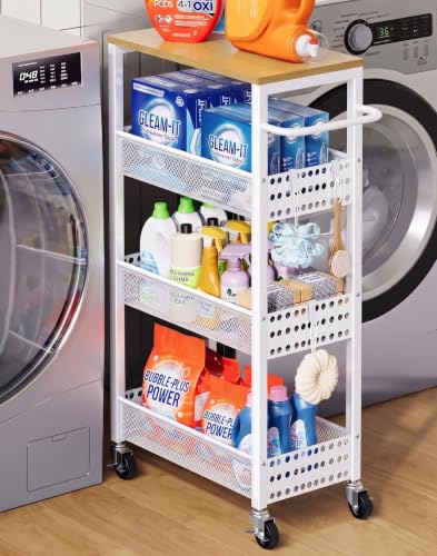 Laundry Room Slim Rolling Cart with Wheels for Between Washer and Dryer Gap - color: Light White, size: 9.1″ Wide
